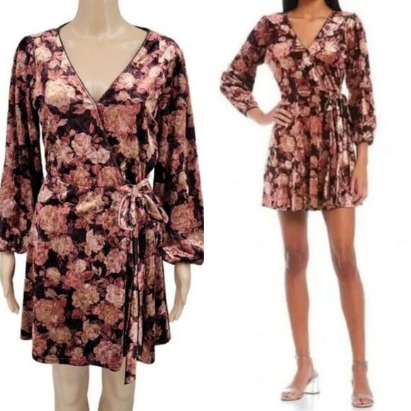 Coco + Jaimeson  Surplice V-Neck 3/4 Sleeve Floral Velvet Faux-Wrap Mini Dress L - Picture 1 of 16